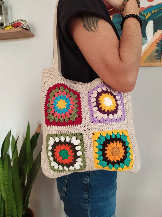 Beige Summer Boho Granny Square, Ecru Vintage Hippie Colorful Crochet Black Bag, White Cream Boho Bag