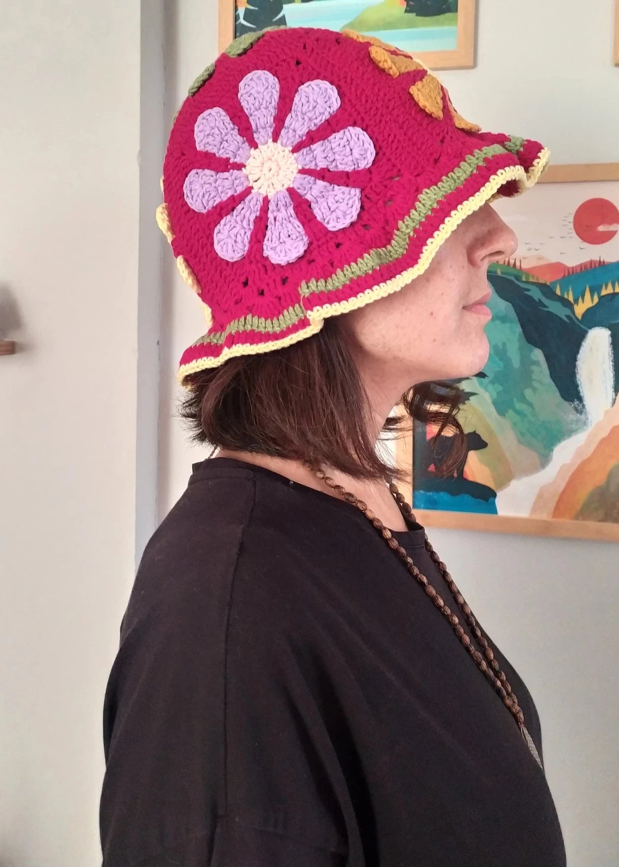 Crochet Bucket Hat, Flower Hippi Crochet Hat, Winter Knit Bucket Hat, Christmas Gift Bucket Hat, Valentines Day Gift
