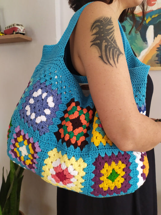 Blue Crochet Bags, Summer Boho Vintage Bag, Crochet Purse Tote Bag, Christmas Gifts, Colorful Knit Bag
