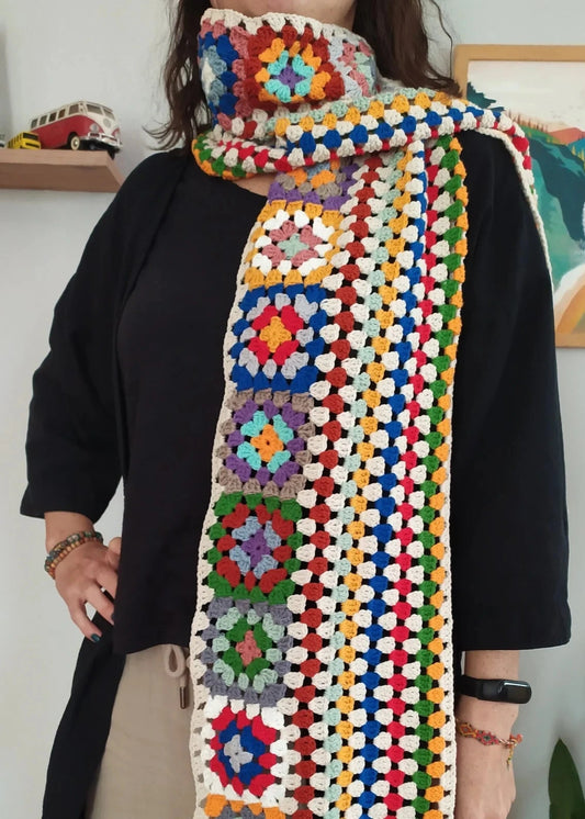 Granny Square Scarf, Long Winter Retro Knit Scarf, Colorful Retro Scarf, Knit Weft, Crochet Woman Scarf, Christmas Gift