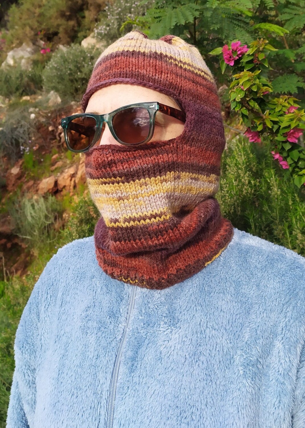 Vegan Brown Colorful HandKnit Balaclava, Colorful Crochet Winter Balaclava, Warm Winter Ski Mask, Handknit Winter Hat