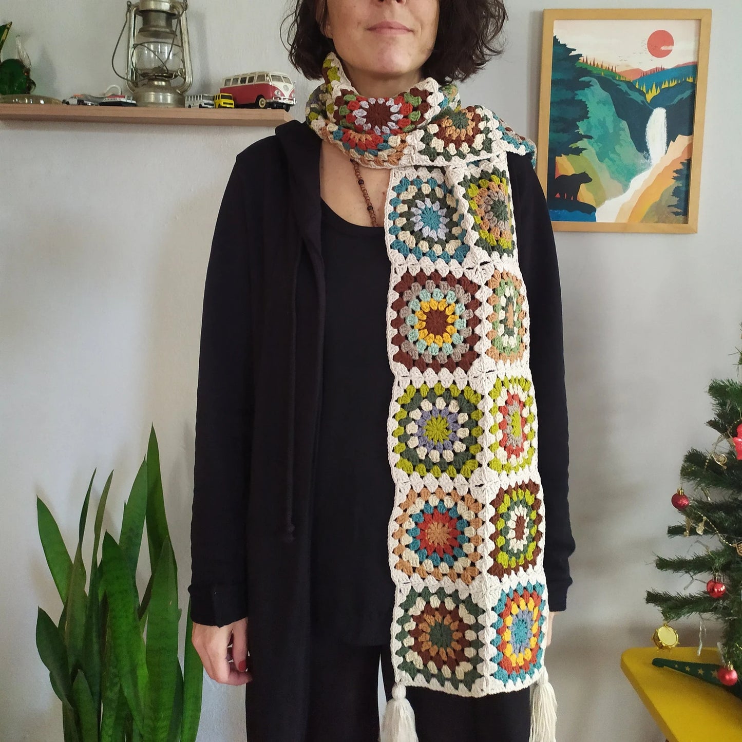 Cream and Colorful Scarf, Warm Winter Crochet Clothing, Handmade Scarves, Granny Square Scarf, Handknited Long Scarf, Christmas Gifts