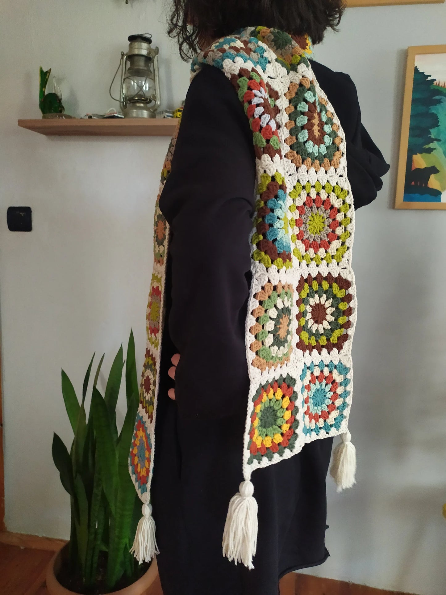 Cream and Colorful Scarf, Warm Winter Crochet Clothing, Handmade Scarves, Granny Square Scarf, Handknited Long Scarf, Christmas Gifts