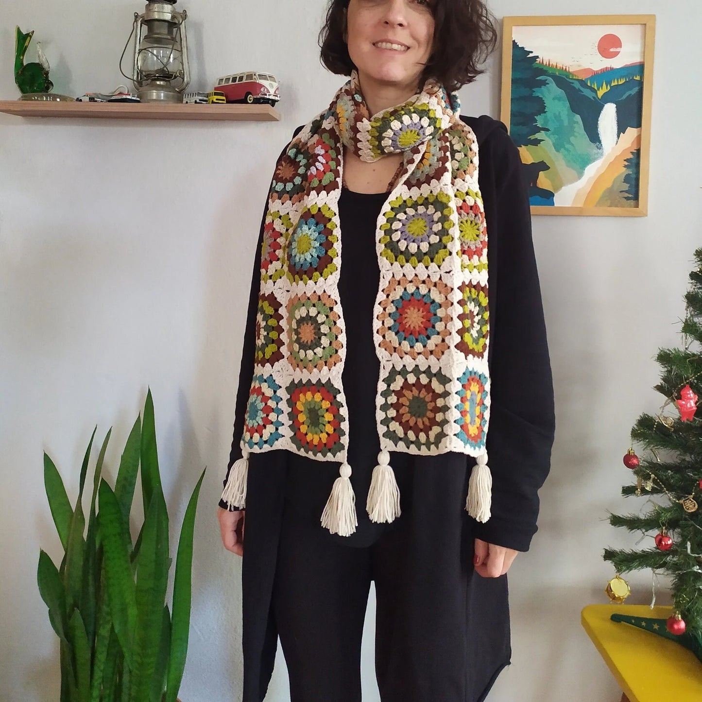Cream and Colorful Scarf, Warm Winter Crochet Clothing, Handmade Scarves, Granny Square Scarf, Handknited Long Scarf, Christmas Gifts