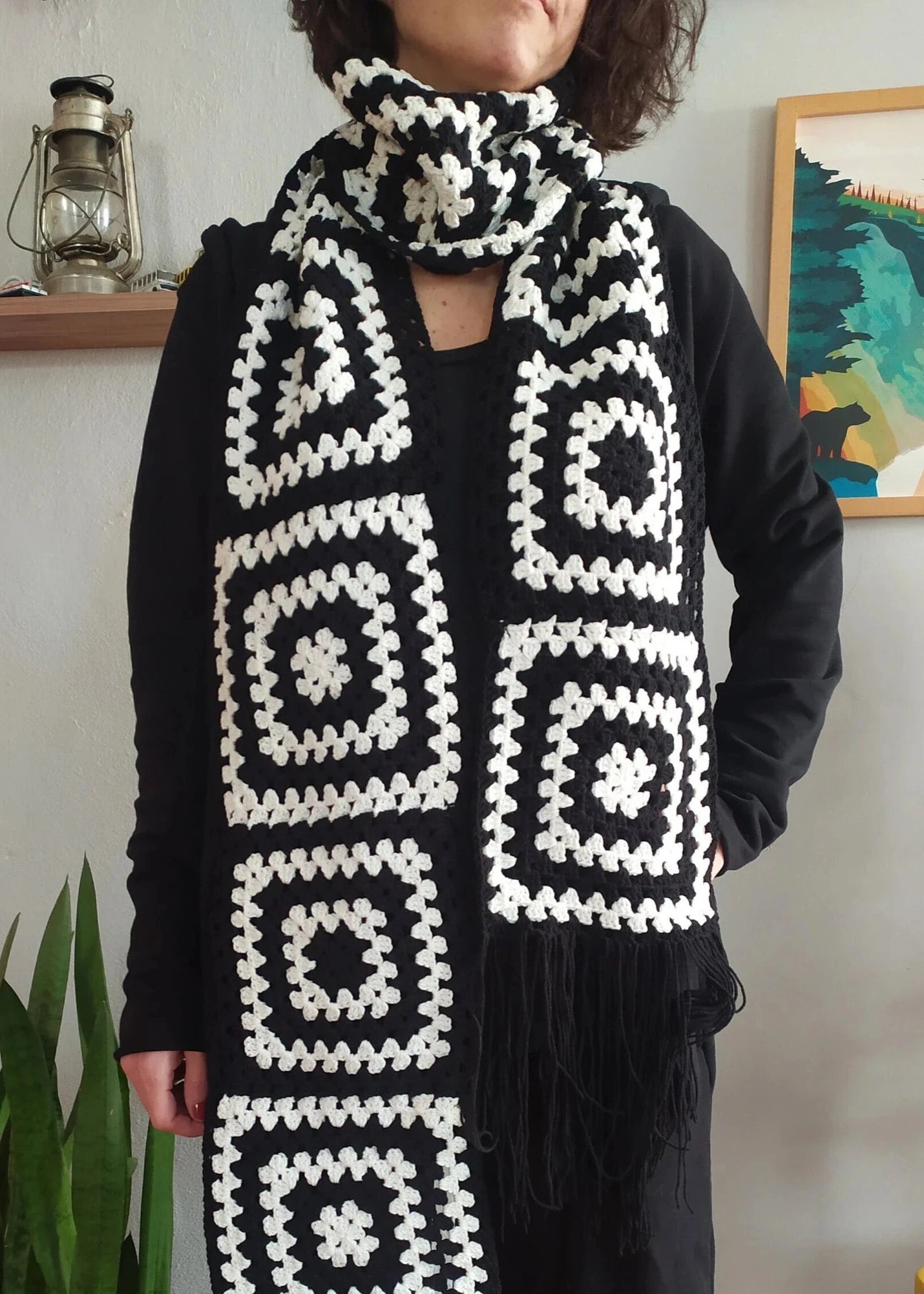 Black and White Crochet Scarf, Warm Winter Crochet Clothing, Handknit Scarves, Granny Square Scarf, Handknit Long Vintage style Scarf