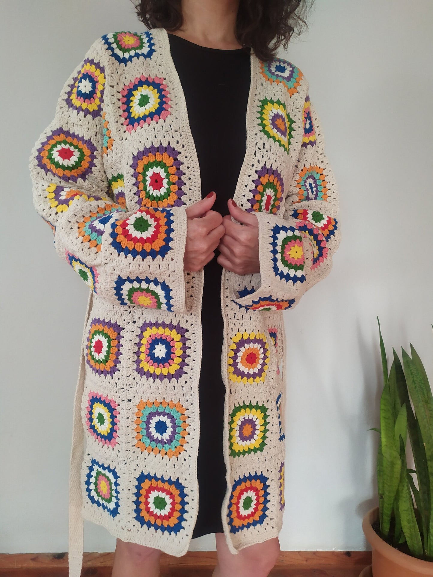 Ready For Ship Cream Crochet Cardigan, Vintage Granny Square Long Cardigan, Colorful Handknit Cardigan, Handmade Winter Cardigan