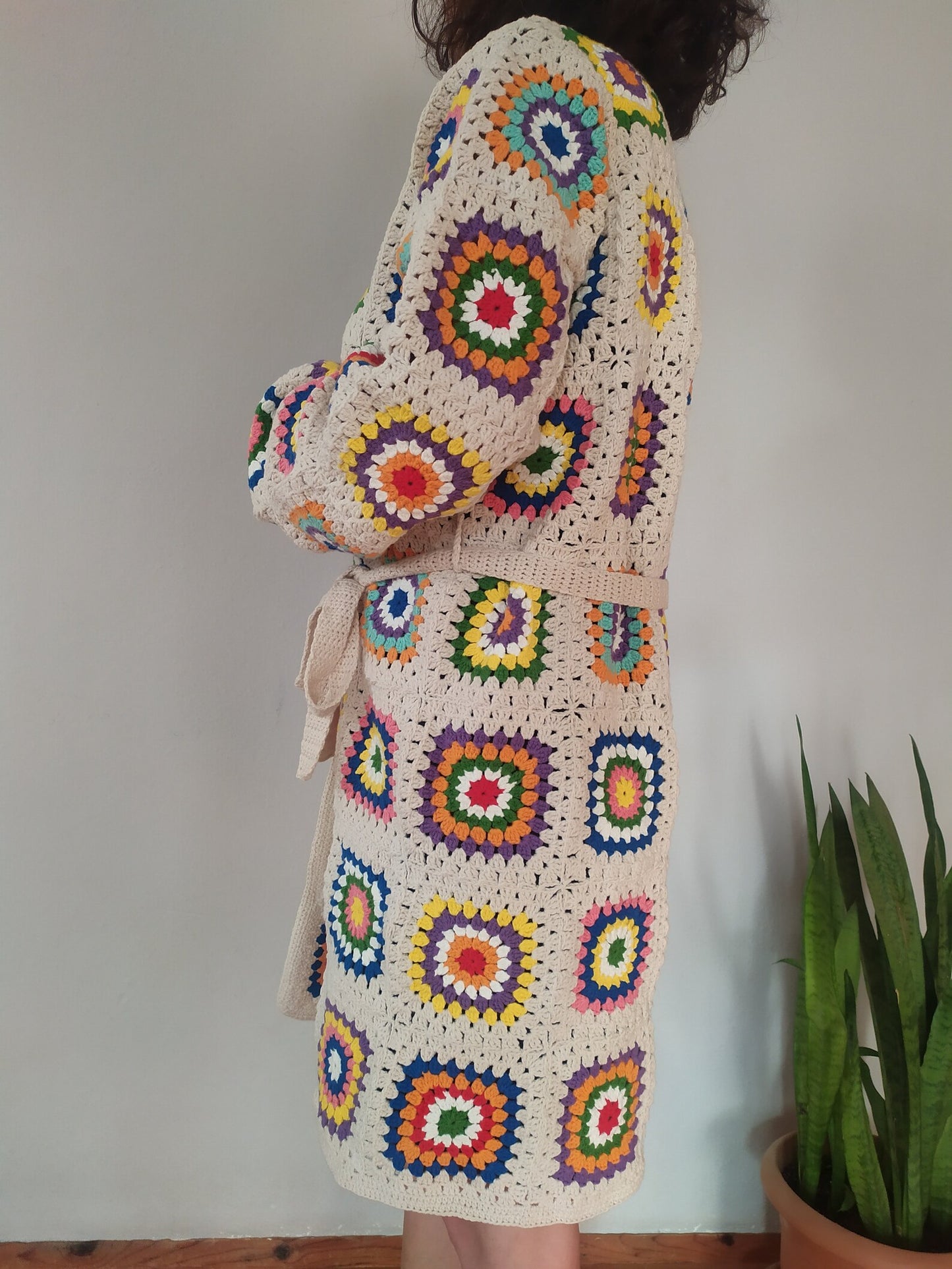 Ready For Ship Cream Crochet Cardigan, Vintage Granny Square Long Cardigan, Colorful Handknit Cardigan, Handmade Winter Cardigan