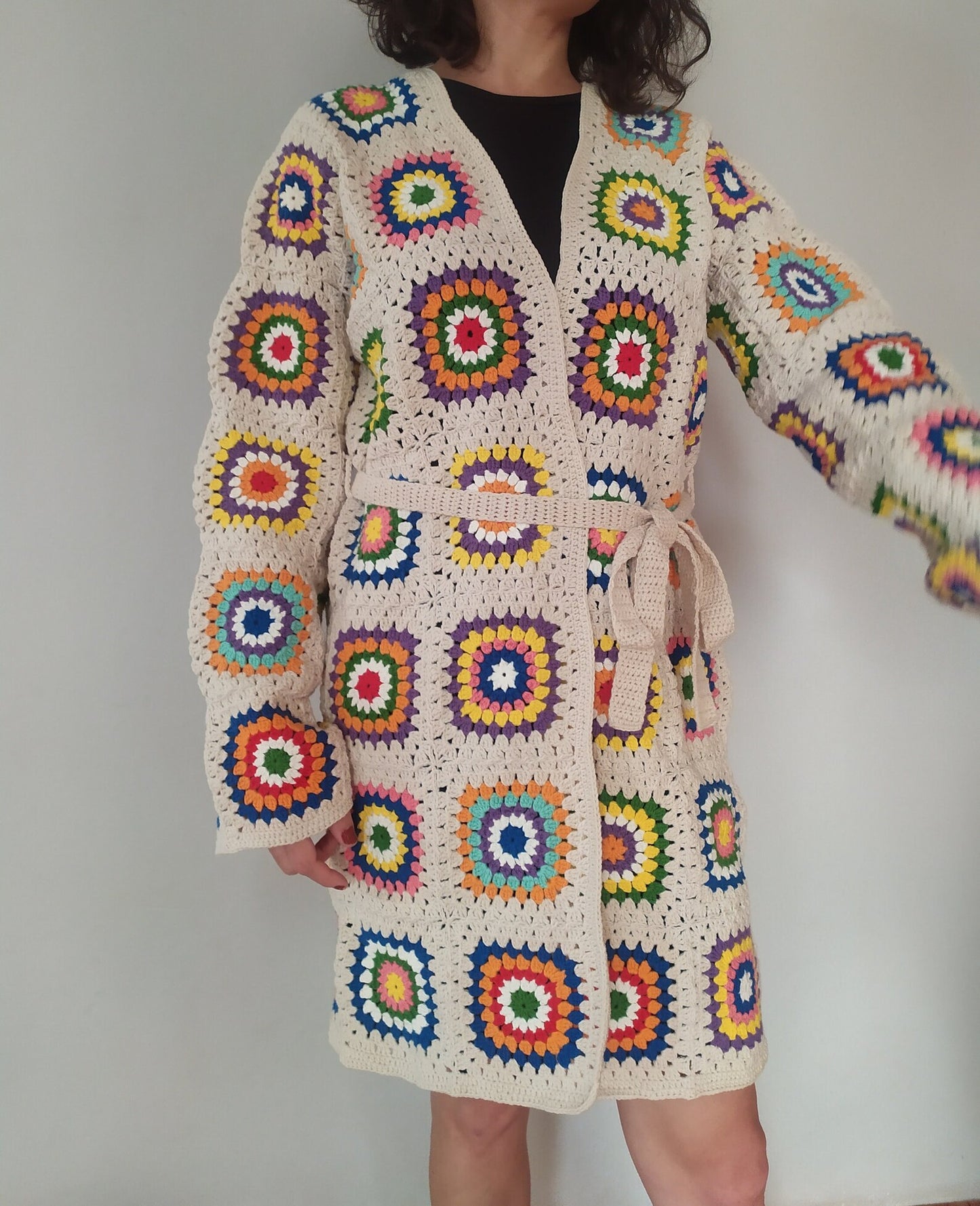 Ready For Ship Cream Crochet Cardigan, Vintage Granny Square Long Cardigan, Colorful Handknit Cardigan, Handmade Winter Cardigan