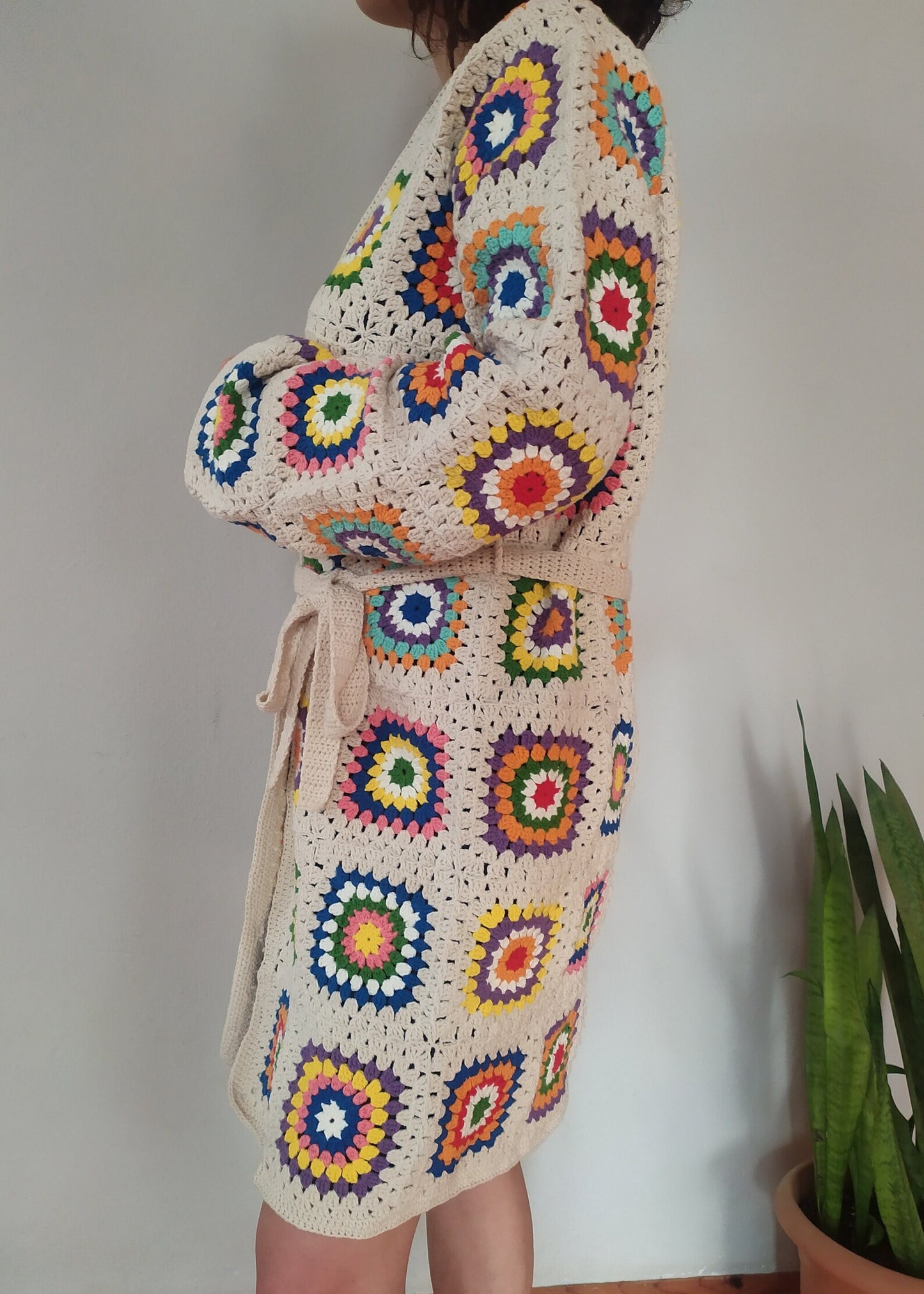 Ready For Ship Cream Crochet Cardigan, Vintage Granny Square Long Cardigan, Colorful Handknit Cardigan, Handmade Winter Cardigan