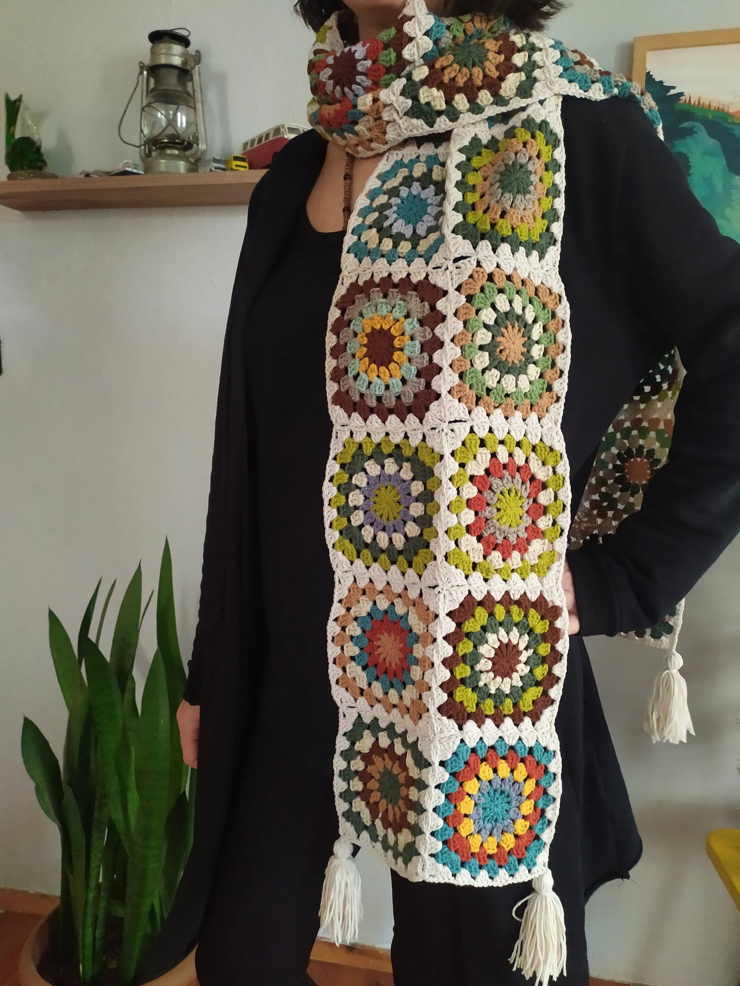 Cream and Colorful Scarf, Warm Winter Crochet Clothing, Handmade Scarves, Granny Square Scarf, Handknited Long Scarf, Christmas Gifts