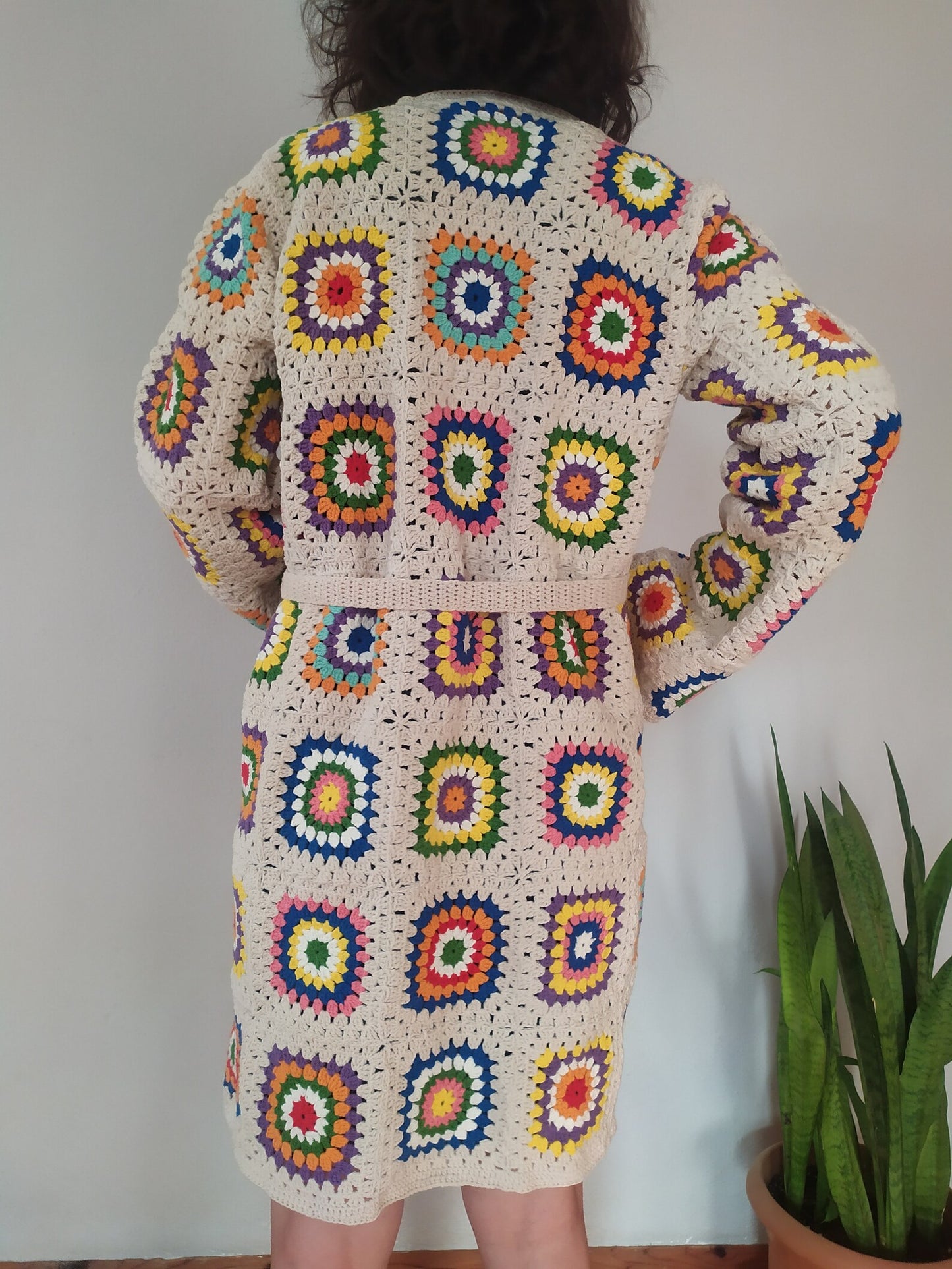 Ready For Ship Cream Crochet Cardigan, Vintage Granny Square Long Cardigan, Colorful Handknit Cardigan, Handmade Winter Cardigan