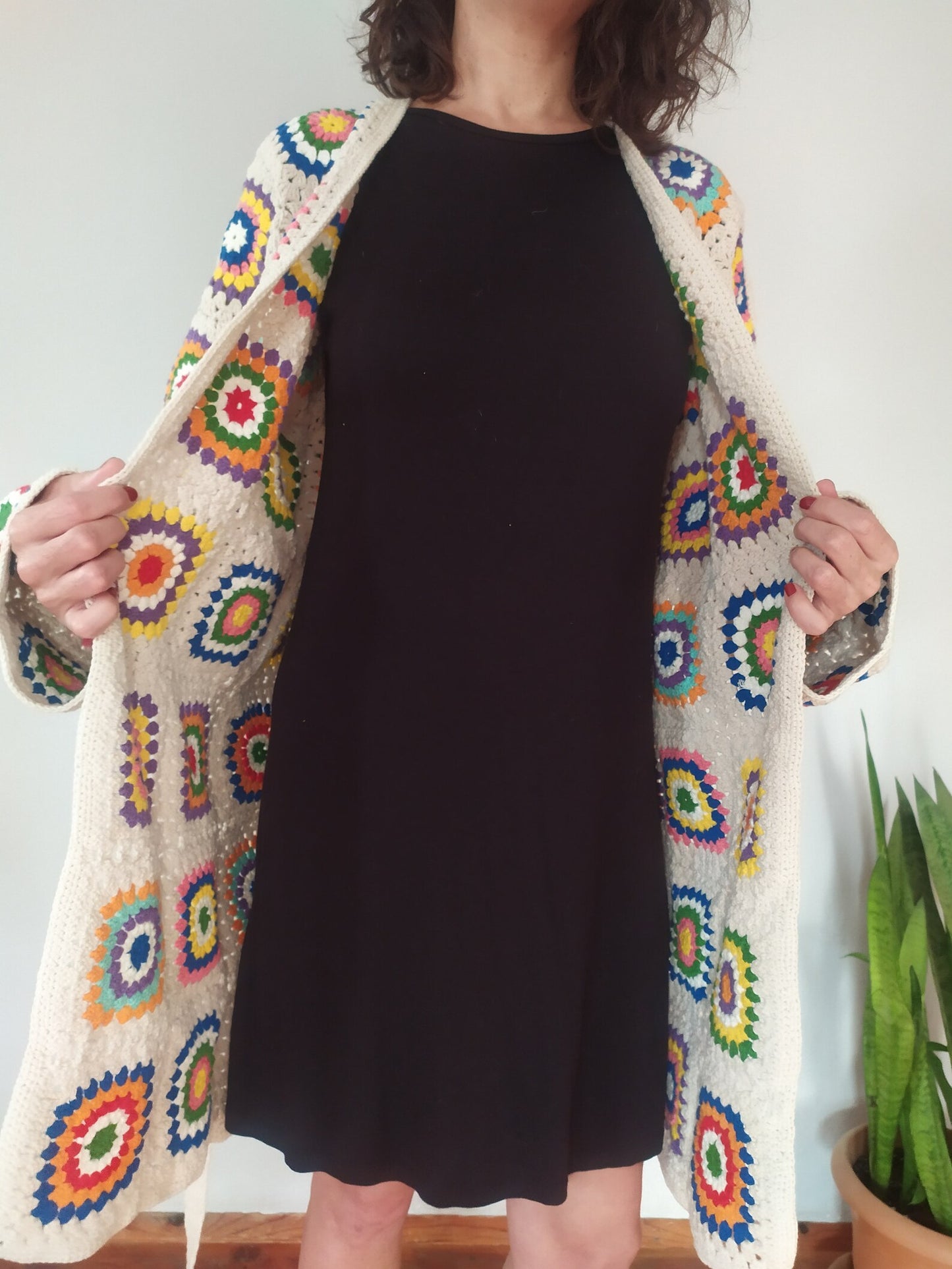 Ready For Ship Cream Crochet Cardigan, Vintage Granny Square Long Cardigan, Colorful Handknit Cardigan, Handmade Winter Cardigan